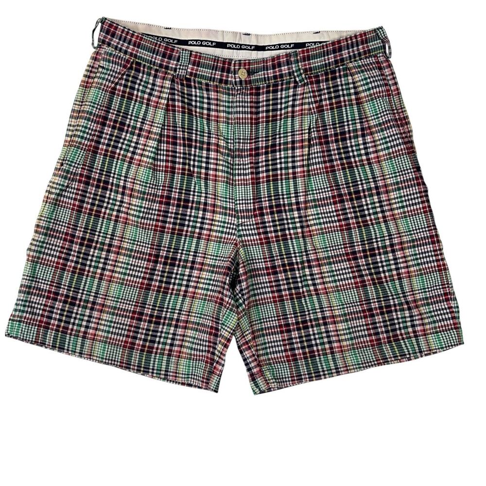 VTG Polo Golf Ralph Lauren Shorts Men 34 Madras Plaid Pleated Made In USA